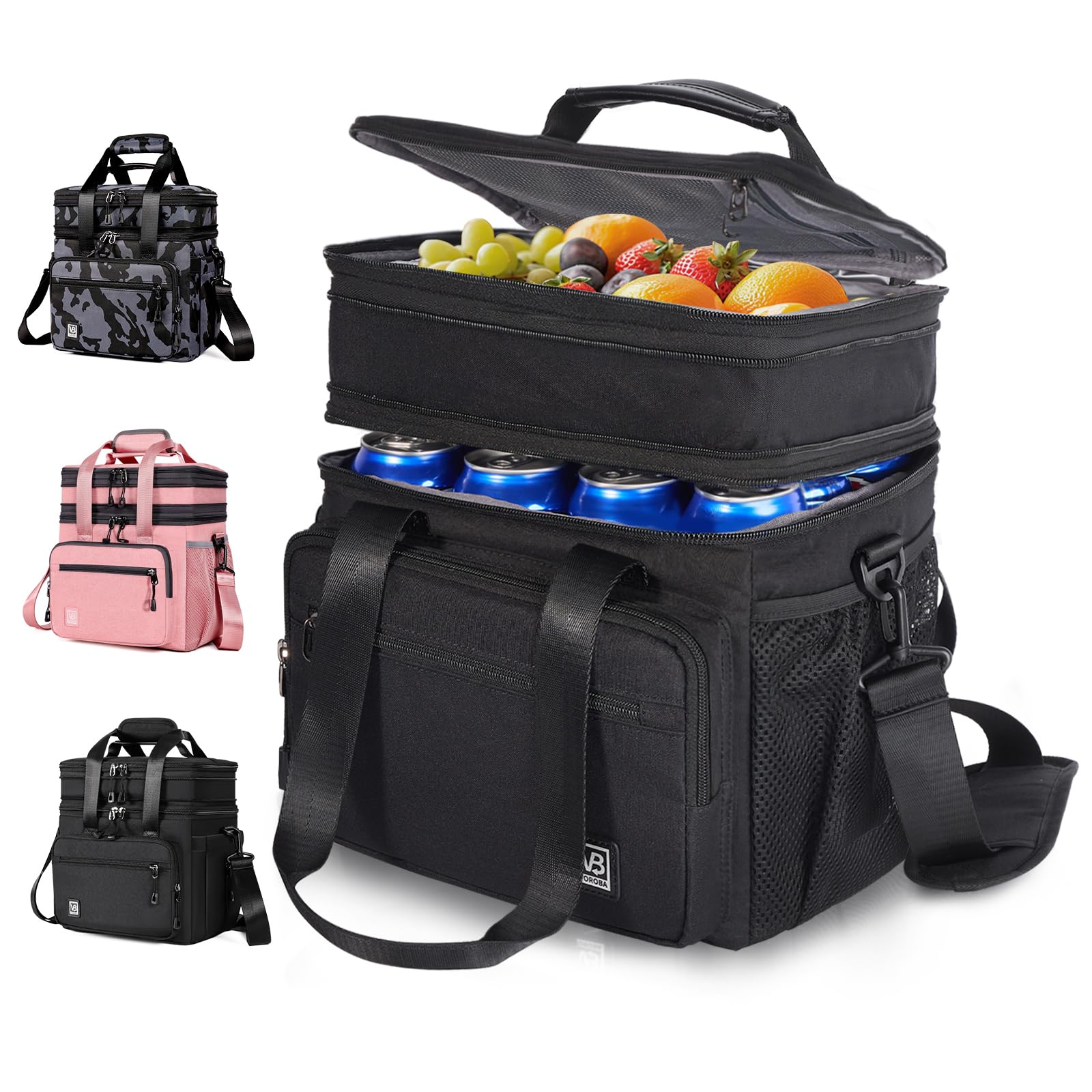 Double Deck Large Lunch Box for Women, Expandable Black Adult Lunch Box with Shoulder Strap, Leakproof Insulated Black Lunch Bag, 24 cans Adult Lunch Bag, Womens Lunch Bags for Work Travel Hiking