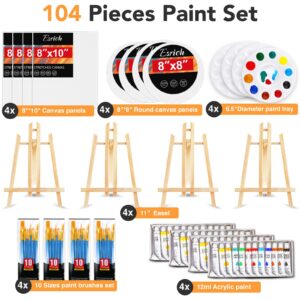 Acrylic Paint Canvas Set,104 Piece Professional Painting Supplies Kit with 4 Wood Easel,4 * 12Colors,4 * 10 Brushes,Circular Canvas Etc,Premium Paint Kit for Kids,Students, Artists and Beginner