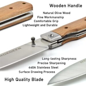 ROEDEER Folding Chef Knife,Camping Folding Knives,Sharp Cleaver Folding Knife,440A Stainless Steel Blade Wooden Handle,Folding Kitchen Knife for Outdoor Camping Cooking (Santoku)