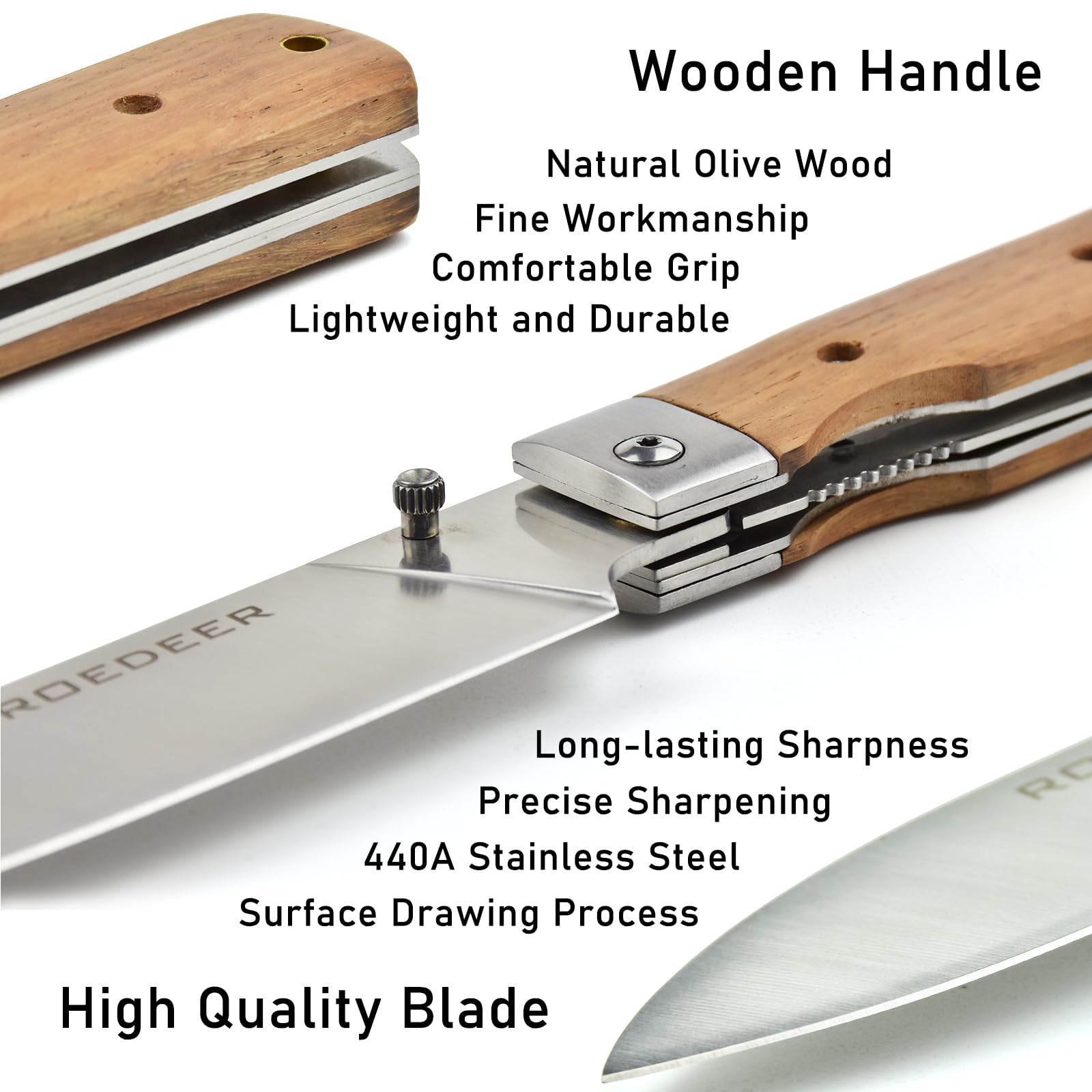 ROEDEER Folding Chef Knife,Camping Folding Knives,Sharp Cleaver Folding Knife,440A Stainless Steel Blade Wooden Handle,Folding Kitchen Knife for Outdoor Camping Cooking (Santoku)