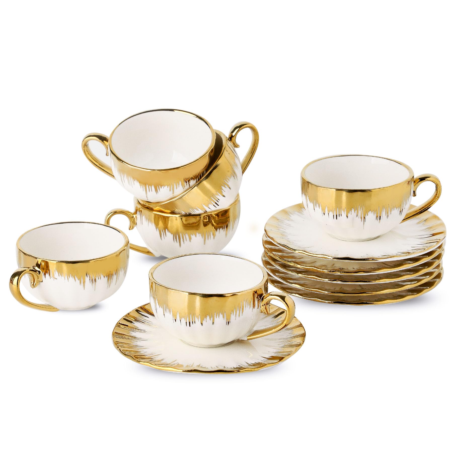 LETAOTAO Espresso Cups and Saucers, 2.5 oz Porcelain Espresso Cups Set of 6, Ceramic Coffee Cups with Gold Trim, Espresso Mugs, Mini Demitasse Cups with Handle for Single Espresso, White