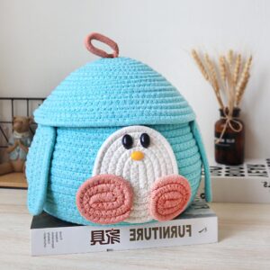 JARPSIRY Small Round Cotton Rope Woven Storage Basket with Lid, Cute Cartoon Animal Shaped Decorative Storage Bin Box, Caddy Organizer, Container for Snacks and Toys (Penguin)