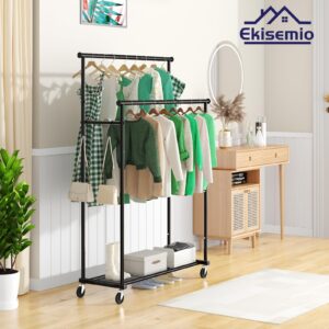 Ekisemio Double Rod Clothing Garment Rack on Wheels, 45 Inches Clothes Rack with Mesh Bottom Shelf for Hanging Clothes, Heavy Duty Metal Maximum Capacity 400 lb, Black