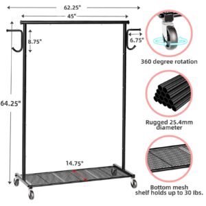 Ekisemio Clothing Garment Rack on Wheels, Heavy Duty Clothes Organizer with Bottom Mesh Shelf for Hanging Clothes, Side with 2 Hooks, Black