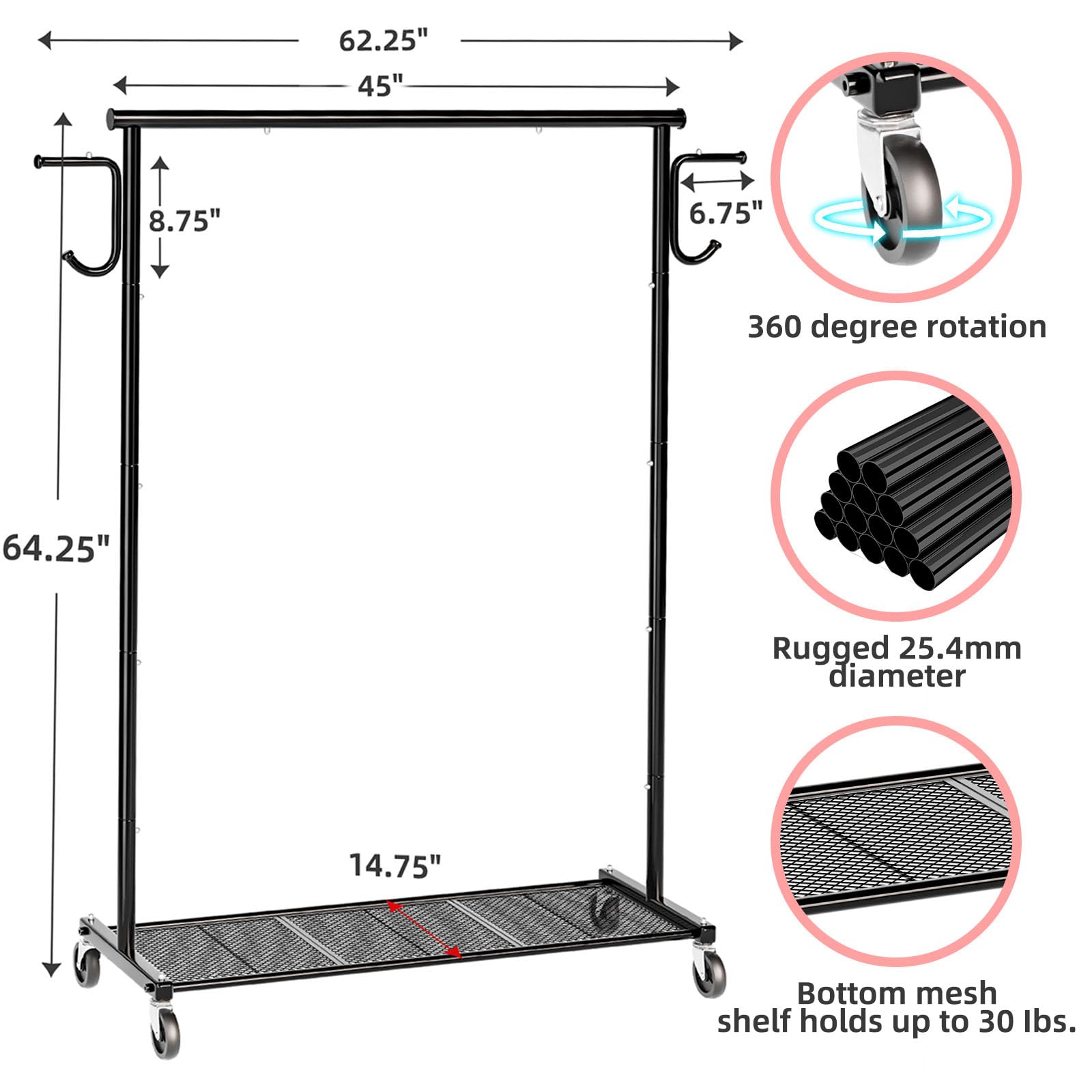 Ekisemio Clothing Garment Rack on Wheels, Heavy Duty Clothes Organizer with Bottom Mesh Shelf for Hanging Clothes, Side with 2 Hooks, Black