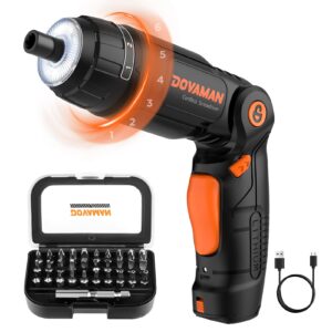 dovaman des01a 4v electric screwdriver, 3-position handle, 6 torque, 31pcs bits, led & flashlight, usb cable, lightweight power screwdriver w/accessories case, multi-angle for easier work