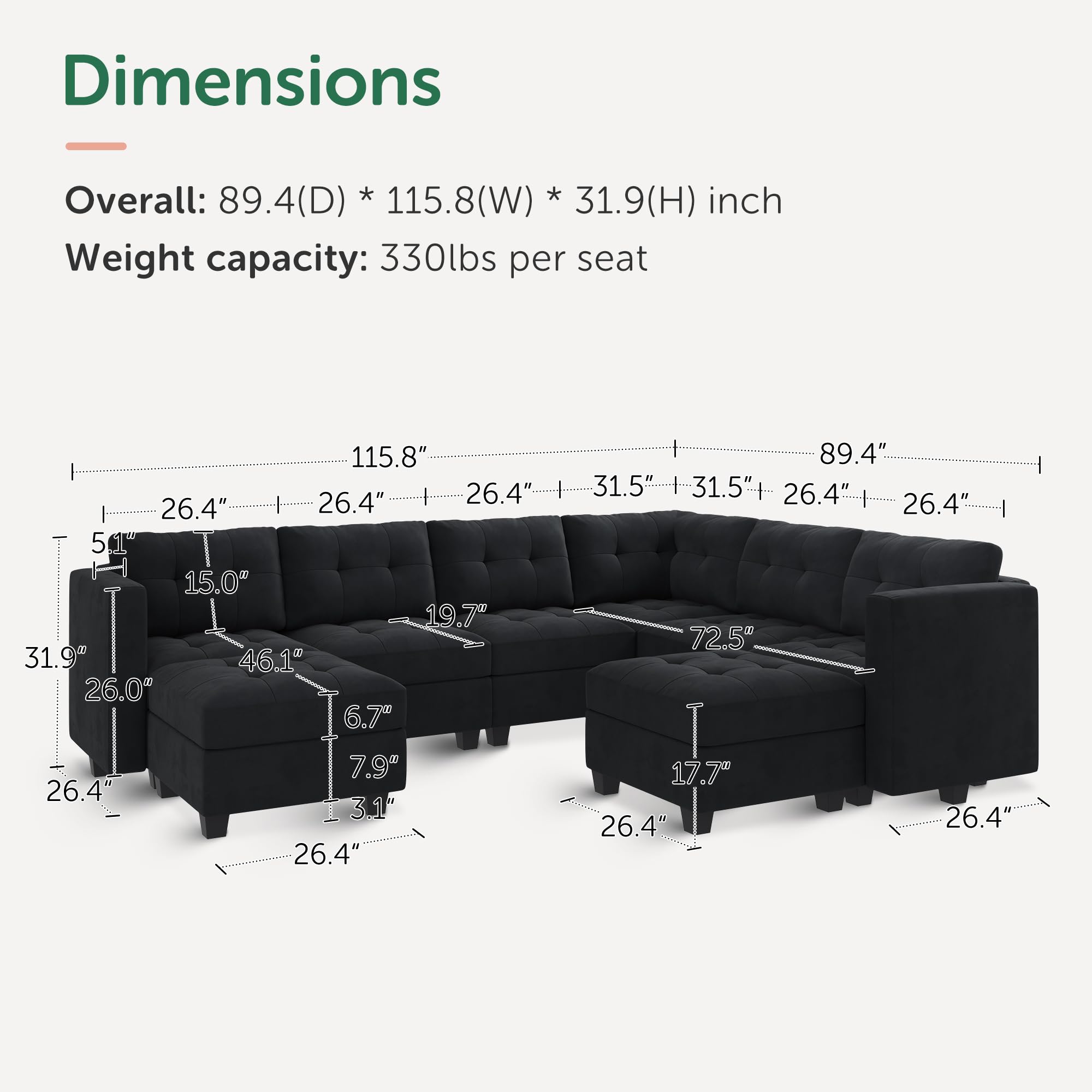 HONBAY Modular Sectional Sofa with Storage Ottomans Oversized U Shaped Couch with Chaises 8-Seater Sectional Sofa for Living Room, Black