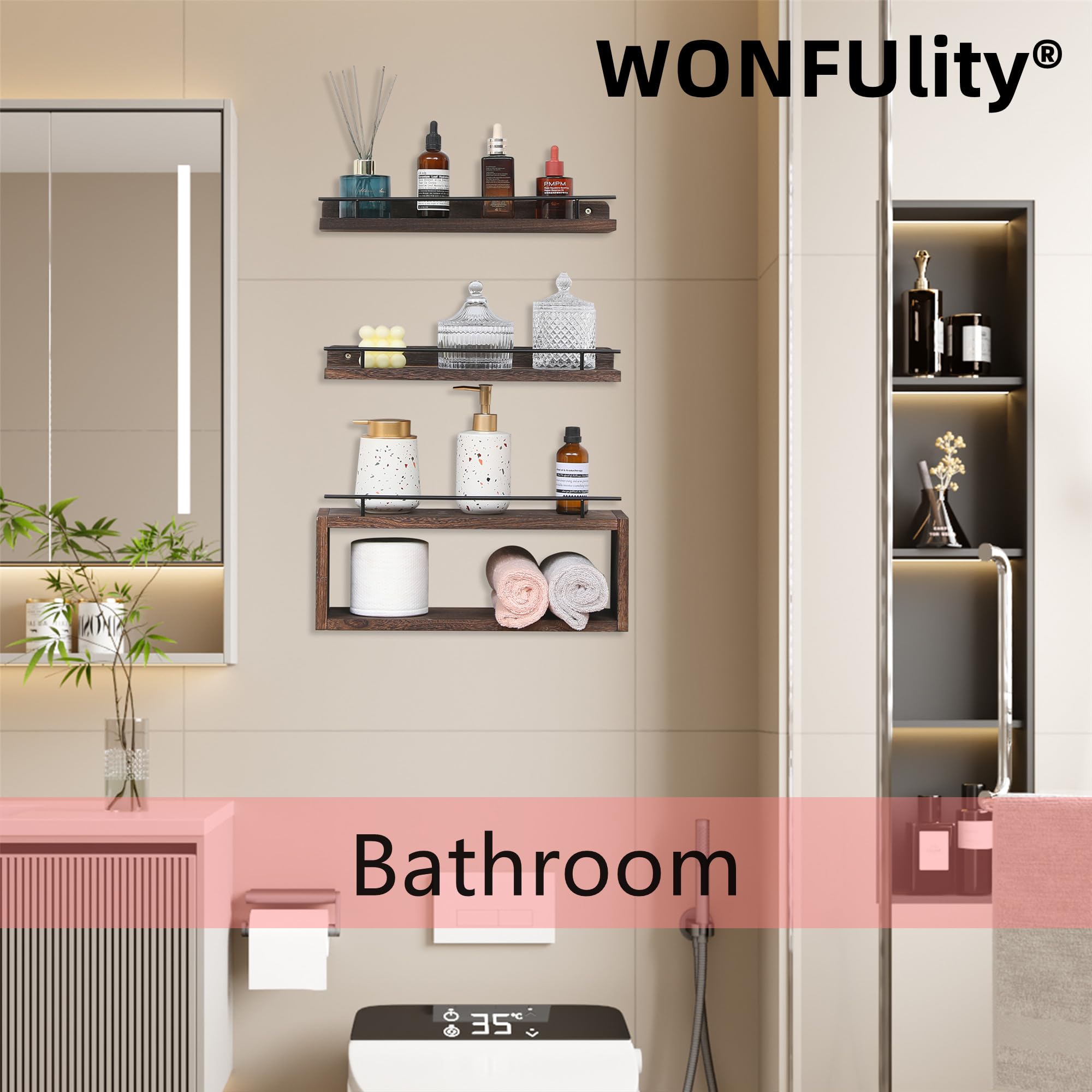 WONFUlity 3-Shelf Bathroom Shelves, Floating Shelves with Storage Basket, Over Toilet Paper Holder, Farmhouse Wood Wall Shelves for Living Room, Kitchen, 16x5.9x5.5 inches, Walnut