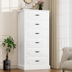 FINETONES 6 Drawer White Dresser, 51" Tall White Dresser Chest of Drawers, Tall Dresser White 6 Drawer Dresser with Large Storage Space, Modern Storage Chest of Drawers, Super Stable Base