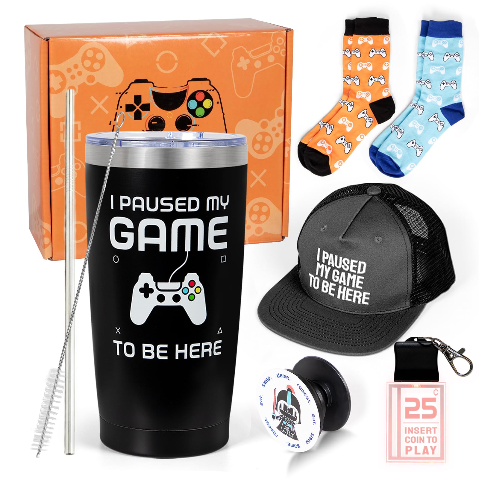 Gamer Gifts for Men Teenage Boys - Christmas Gifts for Teen Boys with 20 oz Insulated Tumbler, Gaming Hat, Socks, Keychain, Cool Pop Socket - Gifts for Men, Him, Boyfriends, Gamers, Game Lover