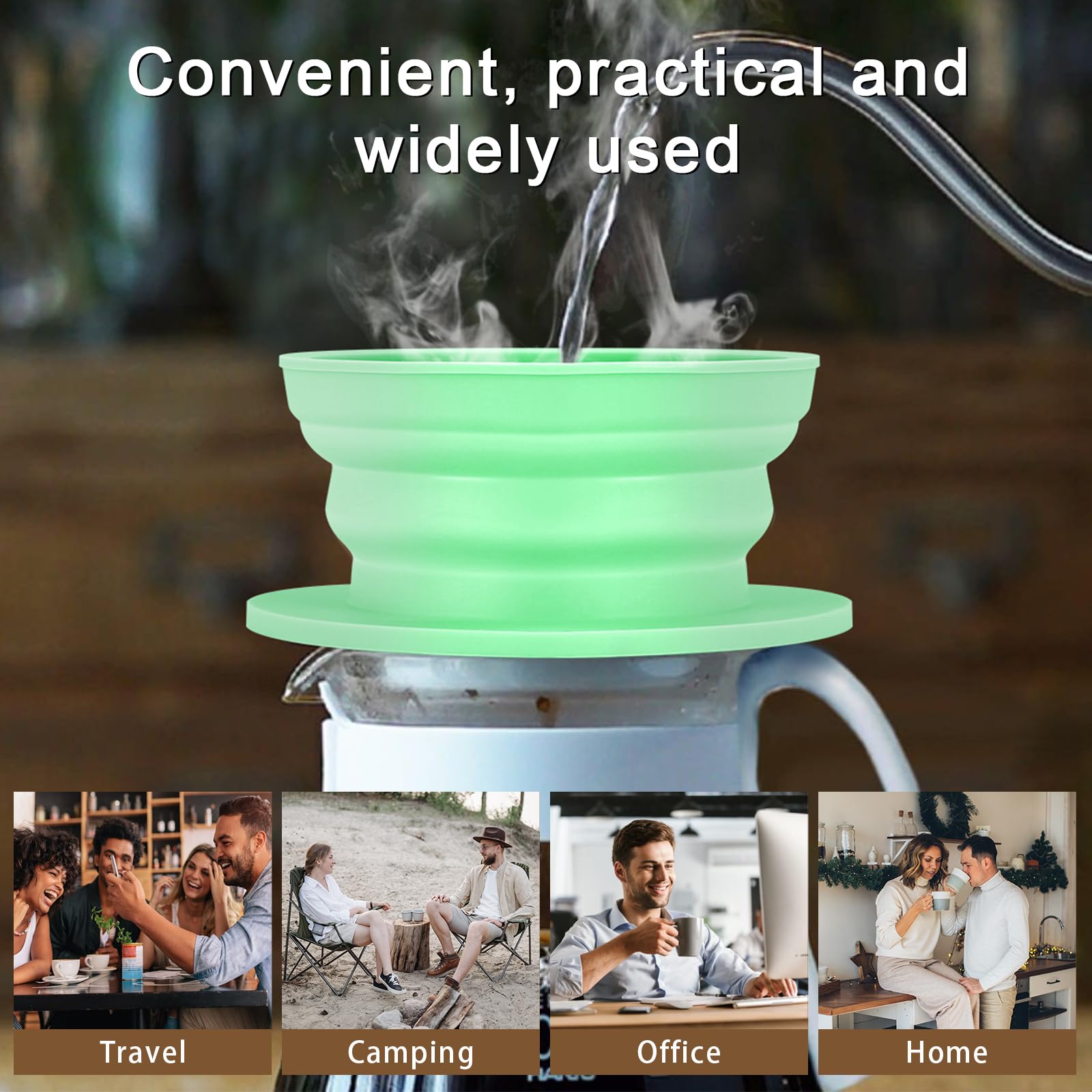 VVGCS Collapsible Travel Pour Over Coffee Maker Camping, Paperless Silicone Collapsible Pour Over Coffee Dripper with Metal Coffee Filter, Portable Coffee Strainer Pour Over Cup Single Serve (Green)