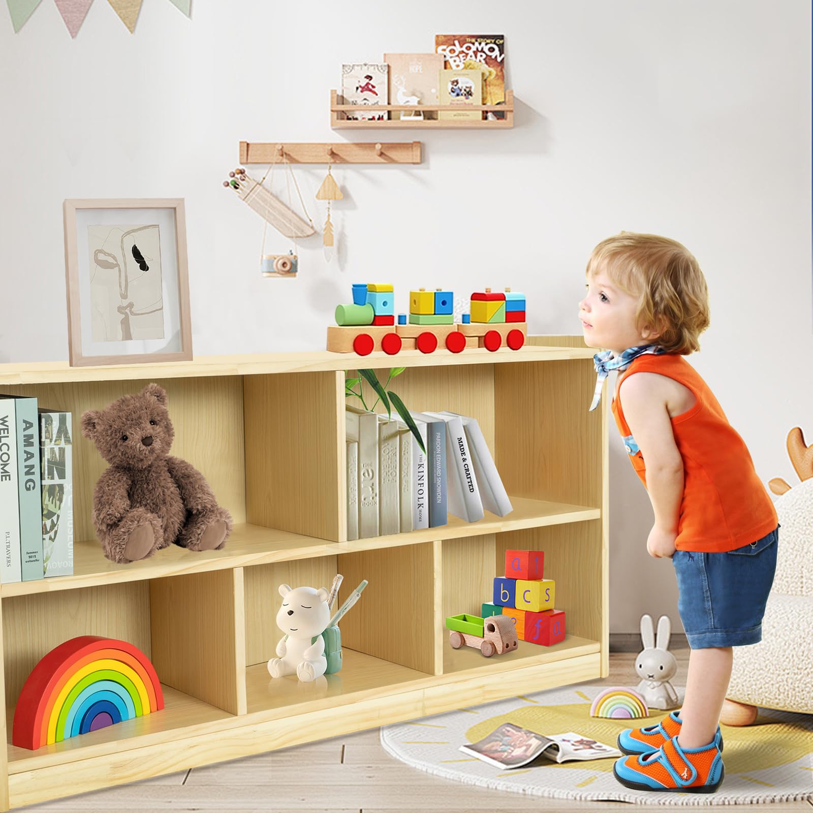 KOALA DIARY 2-Shelf Toddler Solid Wood Storage Cabinet, 5-Section Montessori Shelf Toy Organizers,Natural Kids Furniture，Classroom, Playroom, Daycare and Preschool Bookshelves Kinder Garden，Nursery