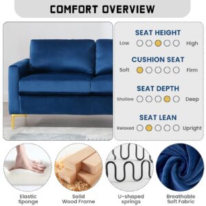 65'' Blue Couch for Small Space, Modern Comfy Upholstered 2-Seater Tufted Velvet Love Seat Sofa Couches for Livingroom Bedroom Apartment Furniture, Soft Foam Pocket Spring Hybrid Cushioned, Gold Leg