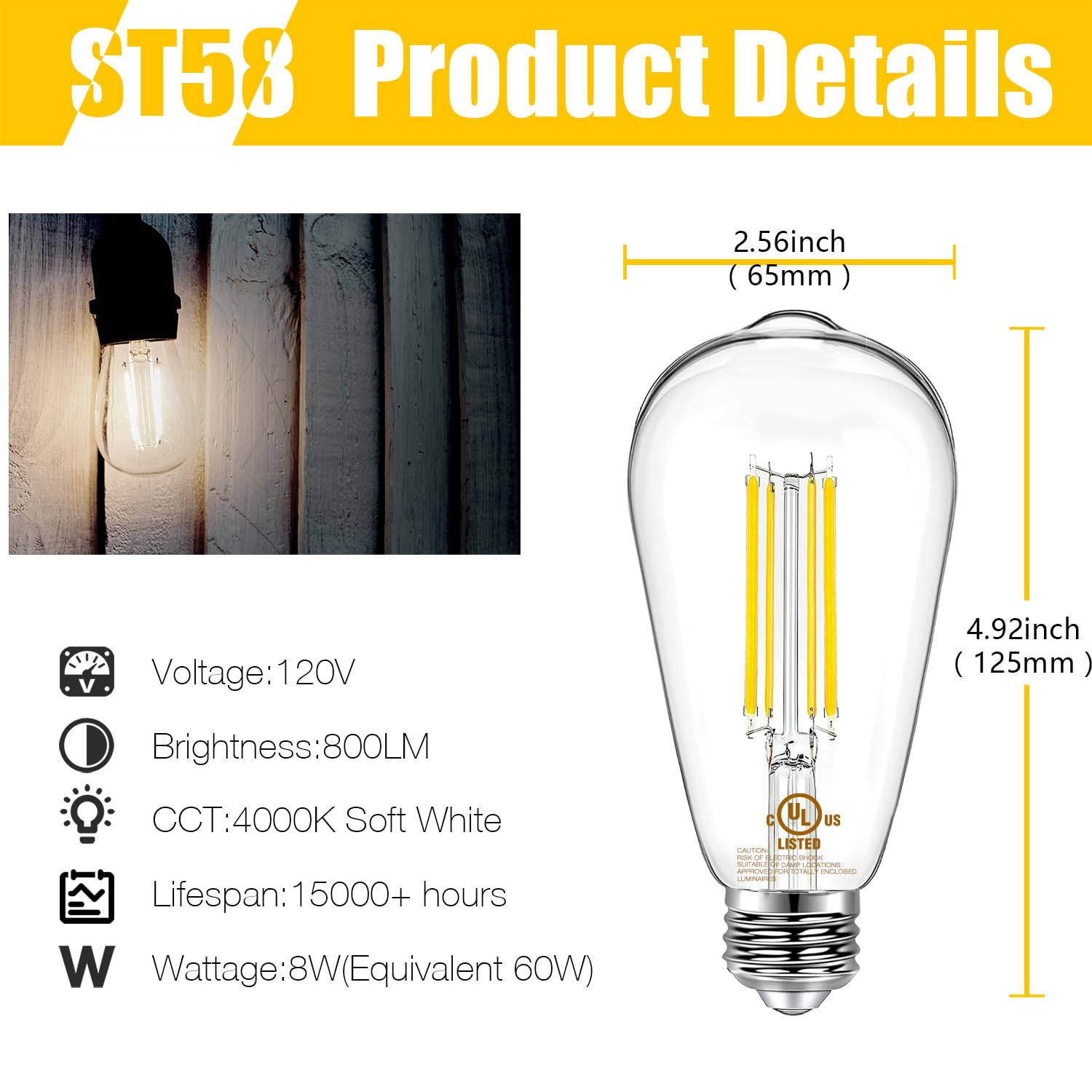 DAYBETTER 12 Pack Vintage LED Edison Bulbs, E26 Led Bulb 60W Equivalent, Dimmable Led Light Bulbs, High Brightness 800 LM Neutral White 4000K, ST58 Antique Filament Bulbs, Clear Glass Style for Home