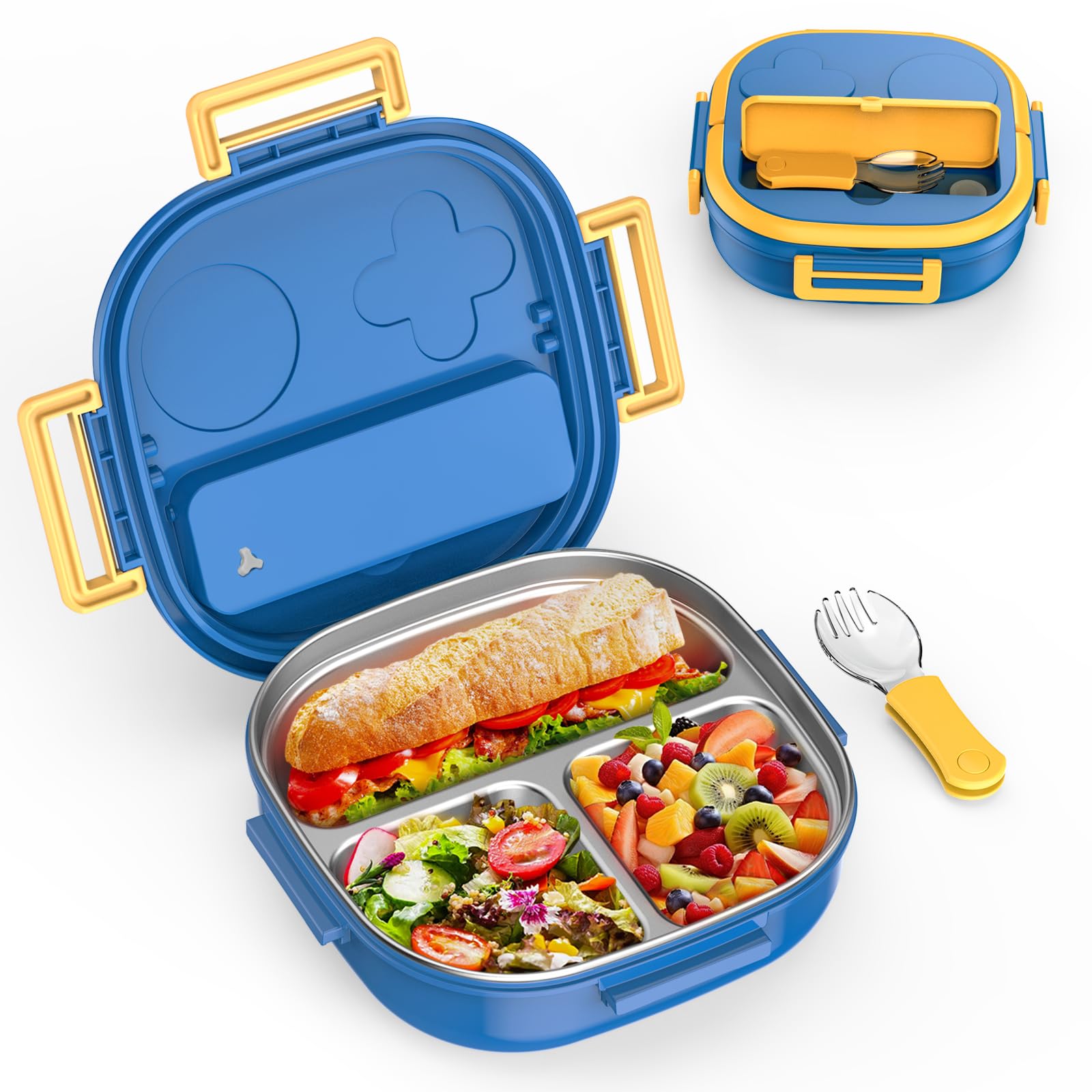 PEDECO Bento Box for Kids Stainless Steel - 3-Compartment - Complete Lunch Set with Portable Utensil - Ideal for Children Under 10 Years Old - Dishwasher Safe & BPA-Free(Blue)