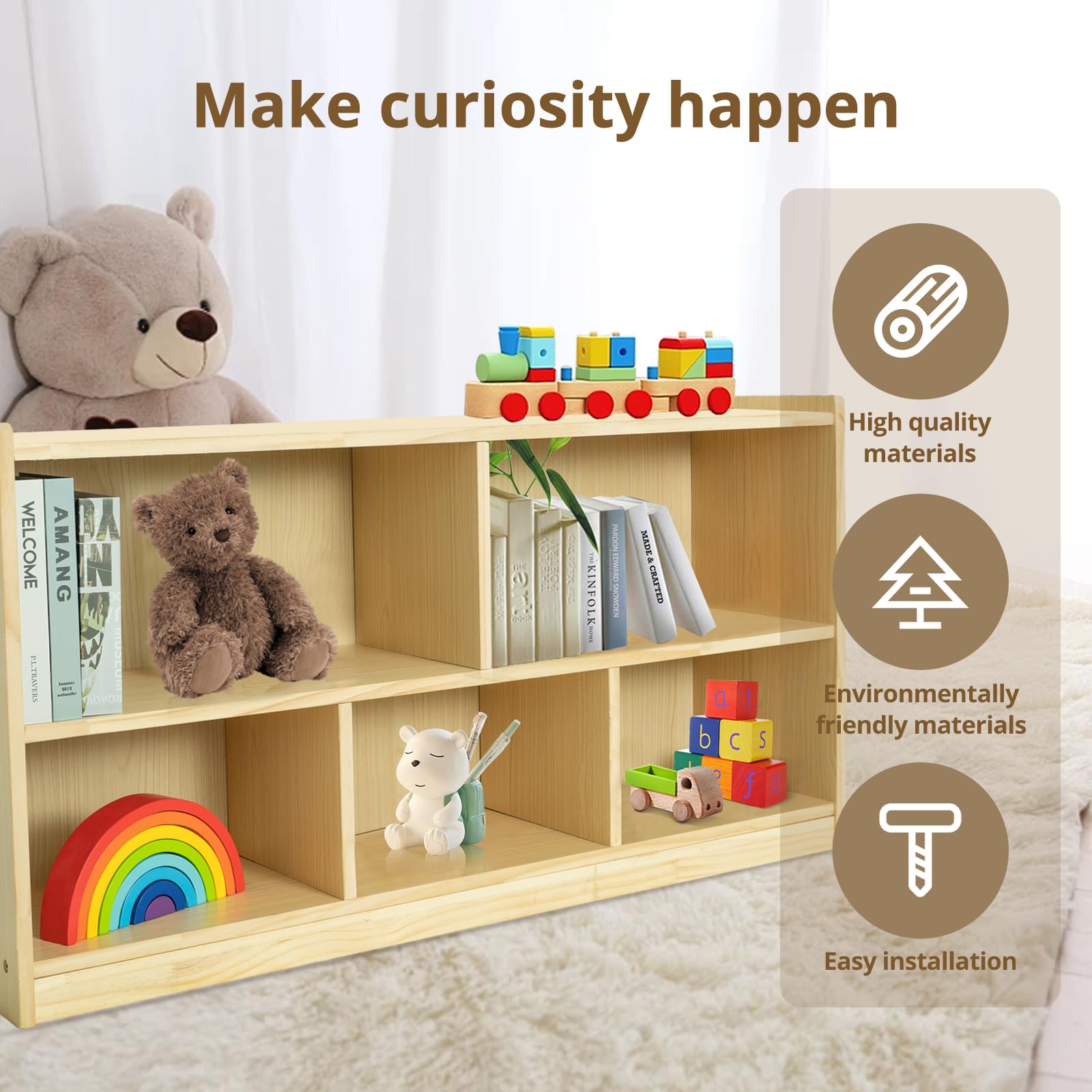 KOALA DIARY 2-Shelf Toddler Solid Wood Storage Cabinet, 5-Section Montessori Shelf Toy Organizers,Natural Kids Furniture，Classroom, Playroom, Daycare and Preschool Bookshelves Kinder Garden，Nursery