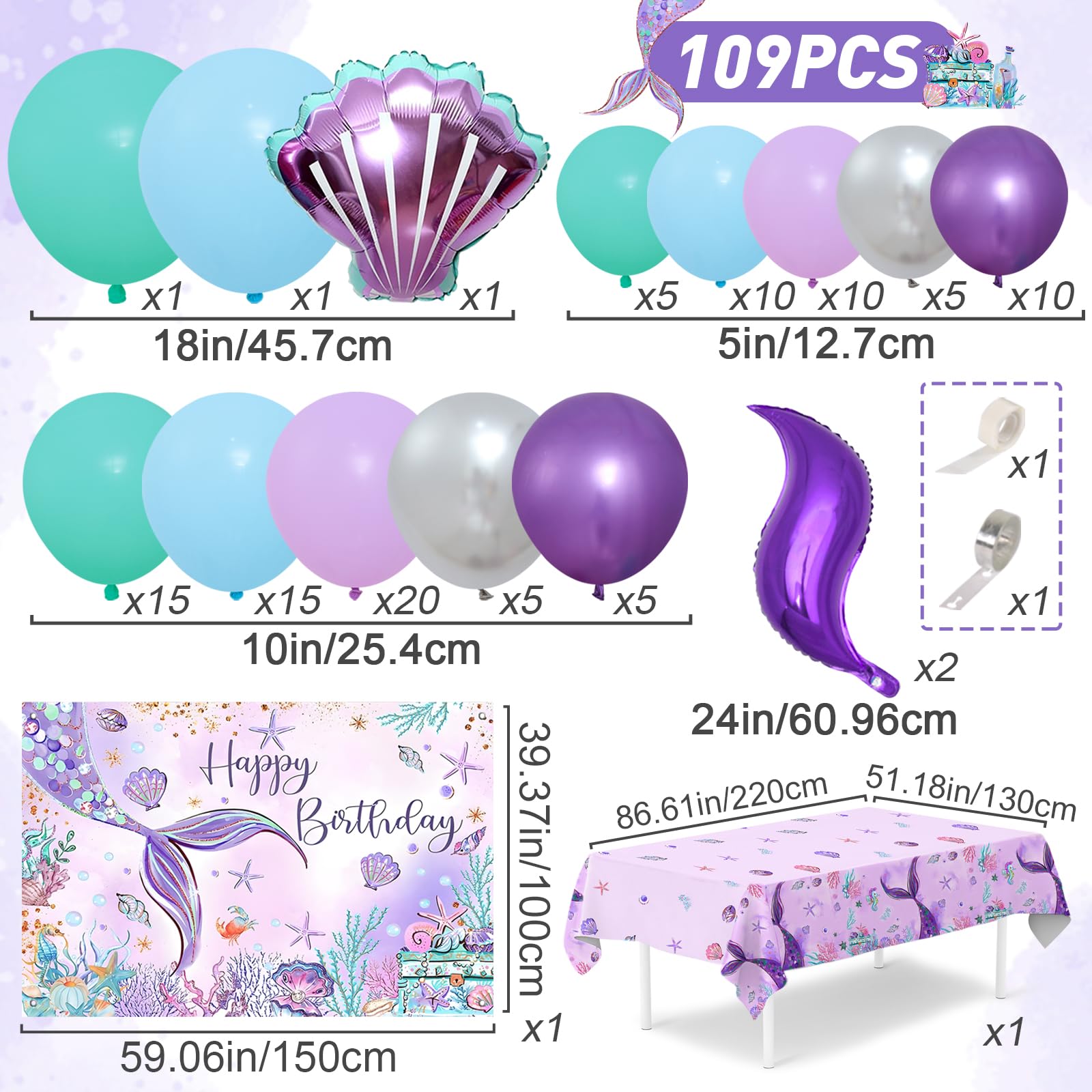 DataMoon Mermaid Birthday Party Decorations - 105pcs Mermaid Birthday Balloons Garland Arch Decorations Including Mermaid Backdrop, Mermaid Tablecloth for Birthday Party,Baby Shower, Gender Reveal.