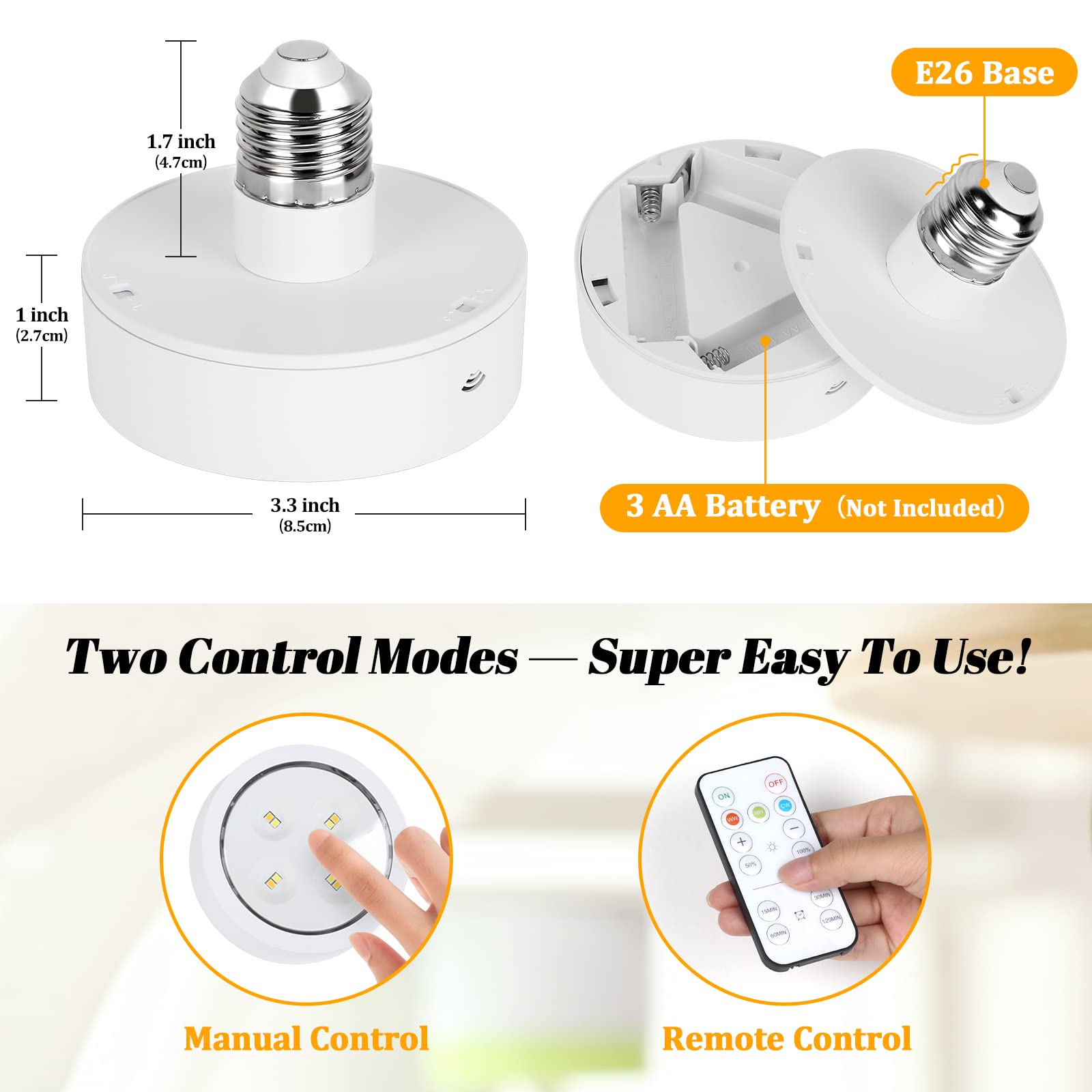 Battery Operated Light Bulb for Lamps, Screw in LED Puck Lights with Remote, Replacement AA Battery Powered Wireless Dimmable Timer Light Bulb with E26 Socket for Non Electric Wall Sconce(Pack of 2)