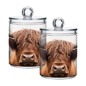 sdmka 2 pack apothecary jars bathroom highland cow qtip holder dispenser clear plastic storage canister jar with lid for cotton ball, cotton swab