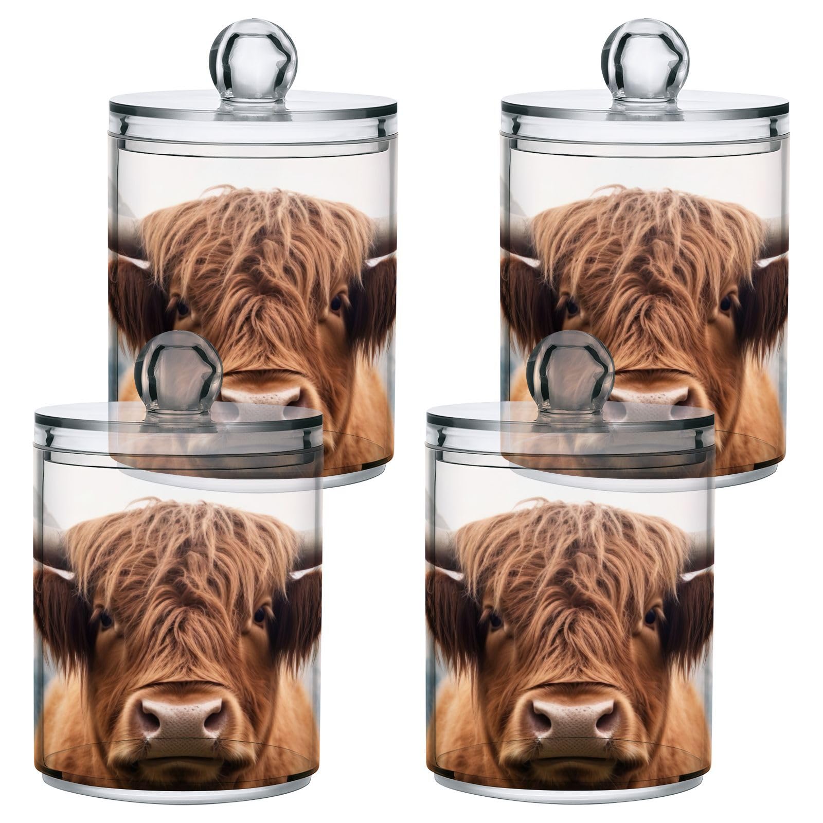 SDMKA 2 Pack Apothecary Jars Bathroom Highland Cow Qtip Holder Dispenser Clear Plastic Storage Canister Jar with Lid for Cotton Ball, Cotton Swab