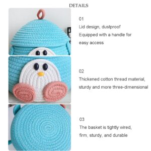 JARPSIRY Small Round Cotton Rope Woven Storage Basket with Lid, Cute Cartoon Animal Shaped Decorative Storage Bin Box, Caddy Organizer, Container for Snacks and Toys (Penguin)