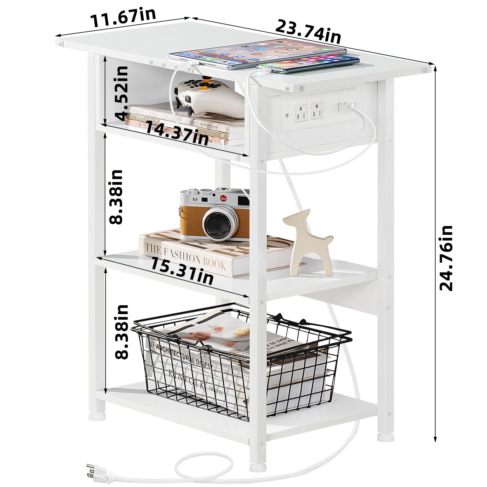 Lerliuo Side Table with Charging Station，Narrow End Table with USB Ports and Outlets,White Skinny Nightstand with Open Storage Shelf for Small Space，Slim Sofa Bedside Table for Living Room Bedroom