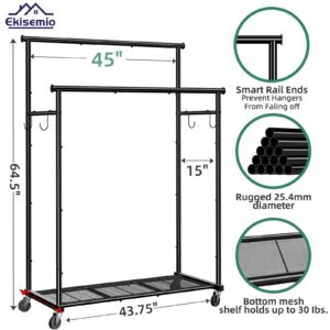 Ekisemio Double Rod Clothing Garment Rack on Wheels, 45 Inches Clothes Rack with Mesh Bottom Shelf for Hanging Clothes, Heavy Duty Metal Maximum Capacity 400 lb, Black