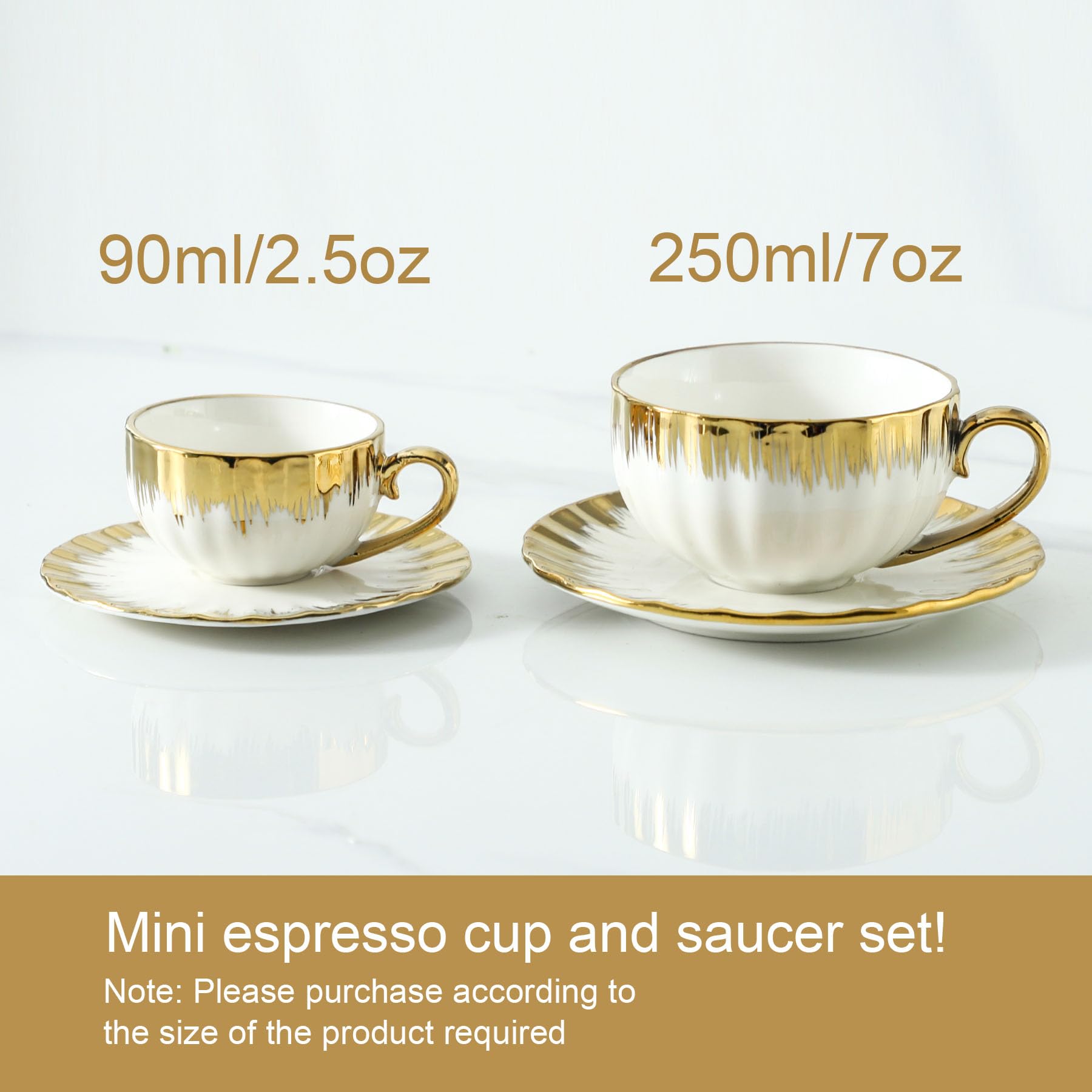 LETAOTAO Espresso Cups and Saucers, 2.5 oz Porcelain Espresso Cups Set of 6, Ceramic Coffee Cups with Gold Trim, Espresso Mugs, Mini Demitasse Cups with Handle for Single Espresso, White