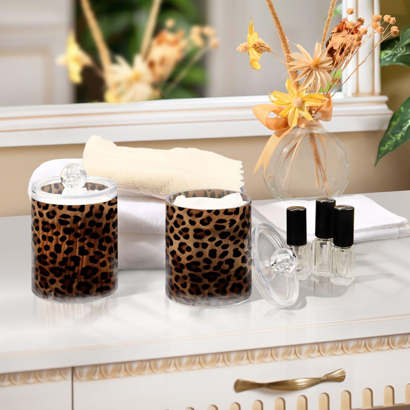 SDMKA 4 Pack Apothecary Jars Bathroom Leopard Print Qtip Holder Dispenser Clear Plastic Storage Canister Jar with Lid for Cotton Ball, Cotton Swab