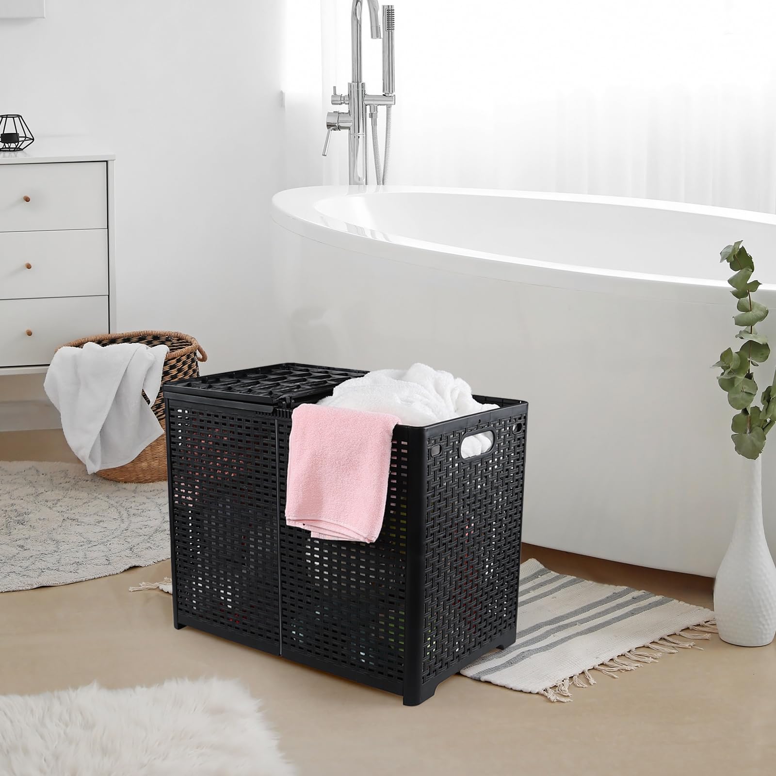 Neadas Small Plastic Laundry Basket with 2 Sections, Foldable 2 Compartment Laundry Hamper with Lid, Black