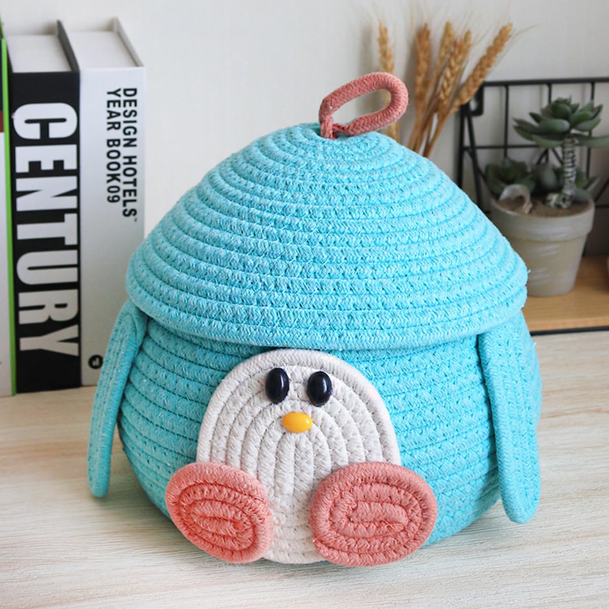 JARPSIRY Small Round Cotton Rope Woven Storage Basket with Lid, Cute Cartoon Animal Shaped Decorative Storage Bin Box, Caddy Organizer, Container for Snacks and Toys (Penguin)