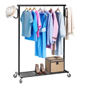 ekisemio clothing garment rack on wheels, heavy duty clothes organizer with bottom mesh shelf for hanging clothes, side with 2 hooks, black