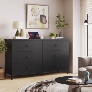 Hasuit 6 Drawers Double Dresser, Wooden Dresser with Heavy Sturdy Steel Frame, Large Capacity Storage Chest of Drawers, Black Dresser for Bedroom, Living Room, Entryway