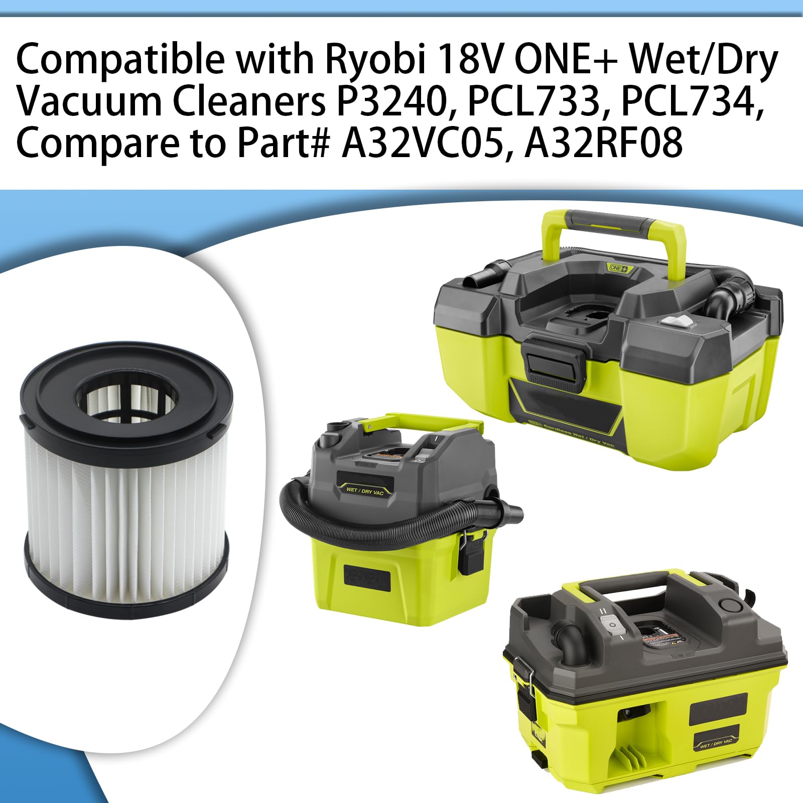 2 Pack Wet/Dry HEPA Filter Compatible with Ryobi 18V ONE+ Wet/Dry Vacuum Cleaners PCL733, PCL734, P3240, Also Fit HART 20-Volt 2-Gallon Wet/Dry Vac HPWD01B, Compare to Part# A32VC05, A32RF08