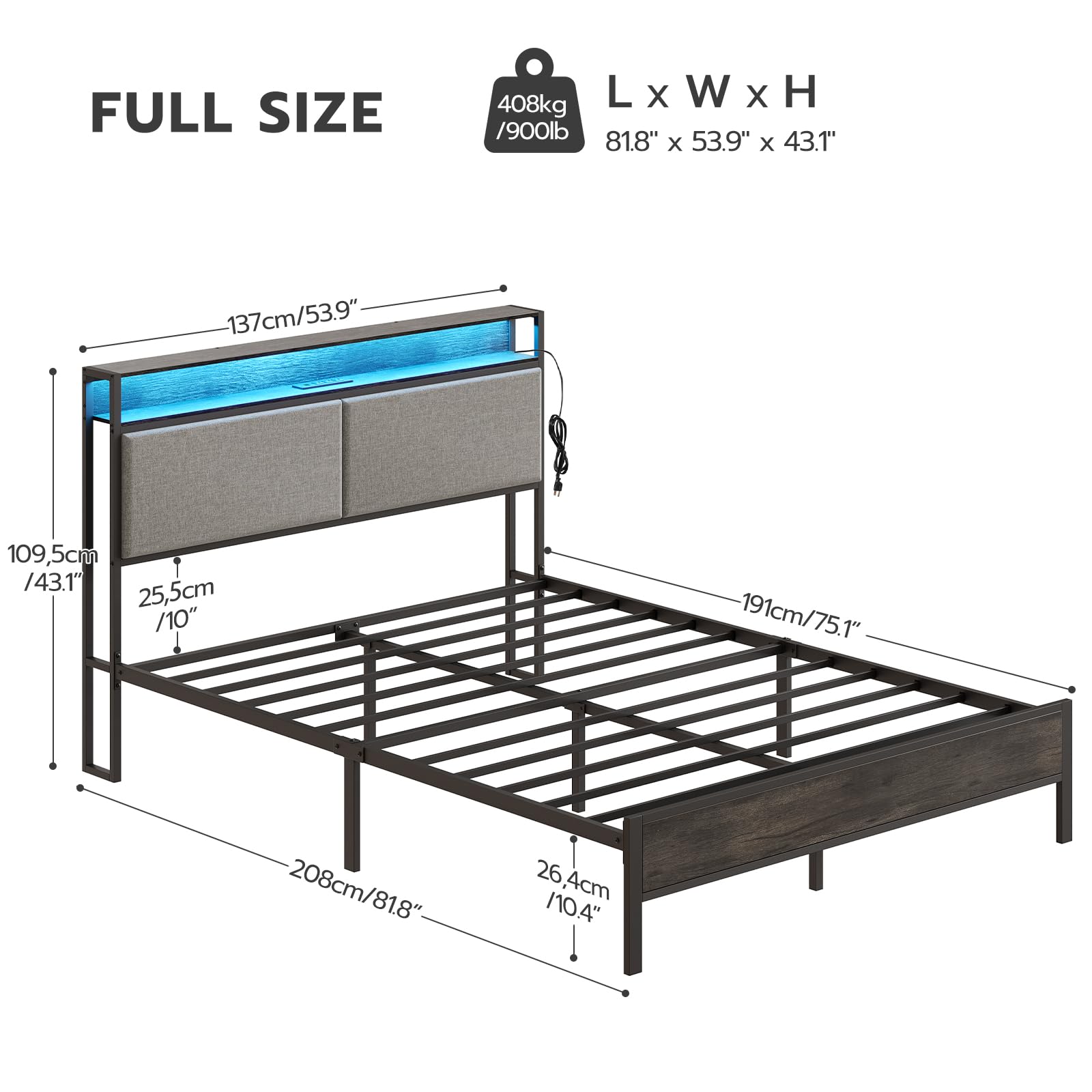 HOOBRO Bed Frame Full Size, Full Bed with Charging Station and LED Light Strip, Upholstered Headboard with Storage Shelves, Outlets and USB Ports, Sturdy Metal Support, for Bedroom, Charcoal Gray