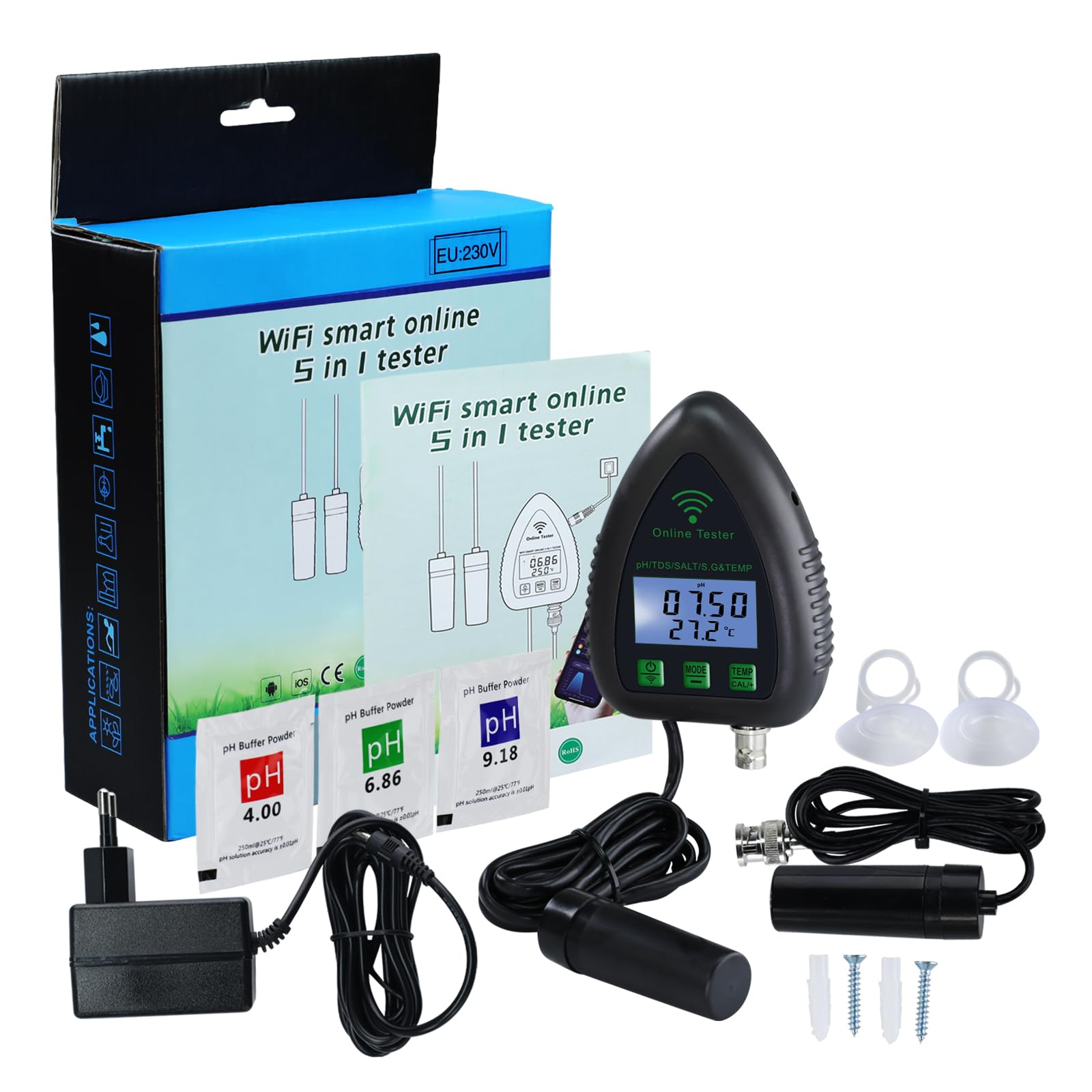 5-in-1 WiFi pH Monitor, Water Quality Tester, pH/S.G/TDS/Salt/Temperature 24/7 Online Hydroponic Monitoring WiFi Tester with Data Logging and Alarm for Aquarium Fish Pond Saltwater Pool