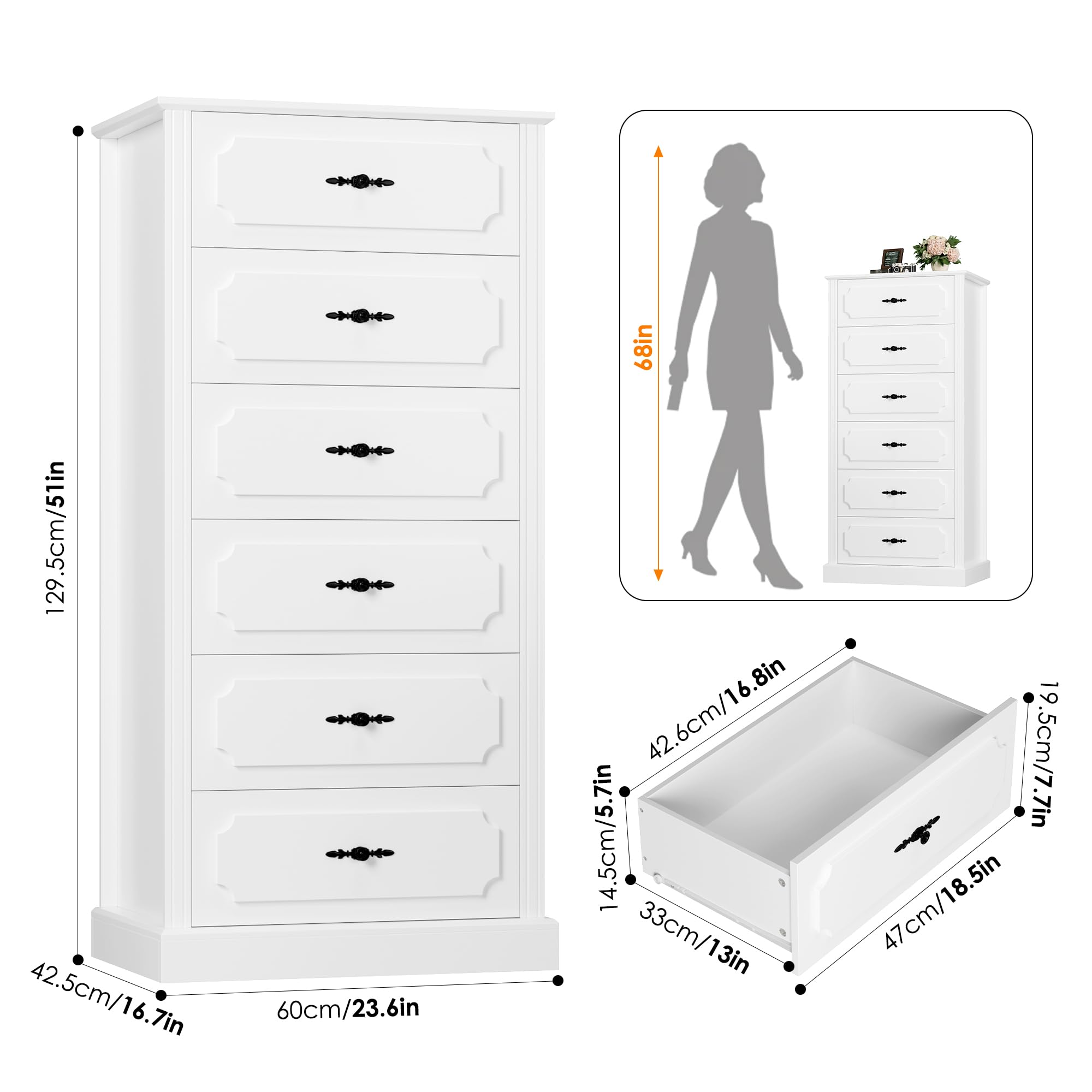 FINETONES 6 Drawer White Dresser, 51" Tall White Dresser Chest of Drawers, Tall Dresser White 6 Drawer Dresser with Large Storage Space, Modern Storage Chest of Drawers, Super Stable Base