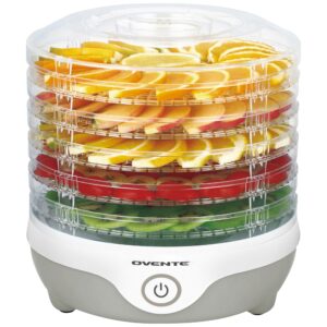 ovente food dehydrator machine with 5 stackable clear trays and drying space, 240w electric food preserver and dryer for snacks, beef jerky, fruits, veggies, yogurt and herbs, grey df215gy