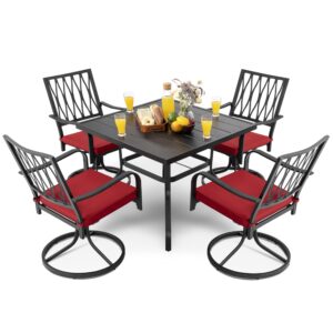 nuu garden 5 piece outdoor dining set, outdoor furniture set for square iron umbrella dining table and 4 cushioned swivel chairs, black and red cushion