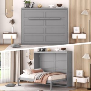 harper & bright designs full size murphy bed wall bed space-saving for multipurpose guest room bedroom or home office, gray