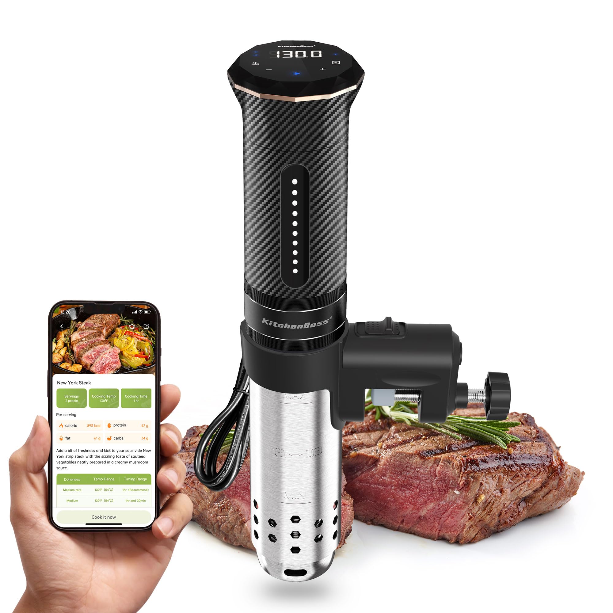 KitchenBoss Wifi Sous Vide Machine: Ultra-quiet Precision Cooker Immersion Circulator APP Control, IPX7 Waterproof Stainless Steel 1100W Professional Low Temperature Cooking Machines (G300PT)