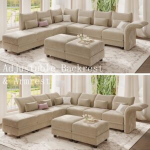 LLappuil L Shaped Modular Sectional Sofa 9 Seater Sectional Couch with Storage Ottoman, Deep Sectional Sofas for Living Room with Adjustable Armrest/Backrest, Chenille, Khaki