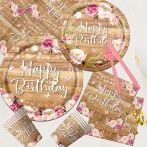 142Pcs Floral Birthday Party Plates Wood Grain Flower Tableware Set for Girls Kids Bridal Shower Party Supplies Rustic Wooden Birthday Paper Plates Napkins Forks Decorations for 20 Guests