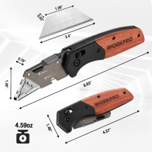 WORKPRO Folding Utility Knife, Razor Blade Knife with Axis Lock, Quick Change Blade Box Cutter, EDC Wood Handle Foldable Pocket Knife, Extra 10PC SK5 Blades Included