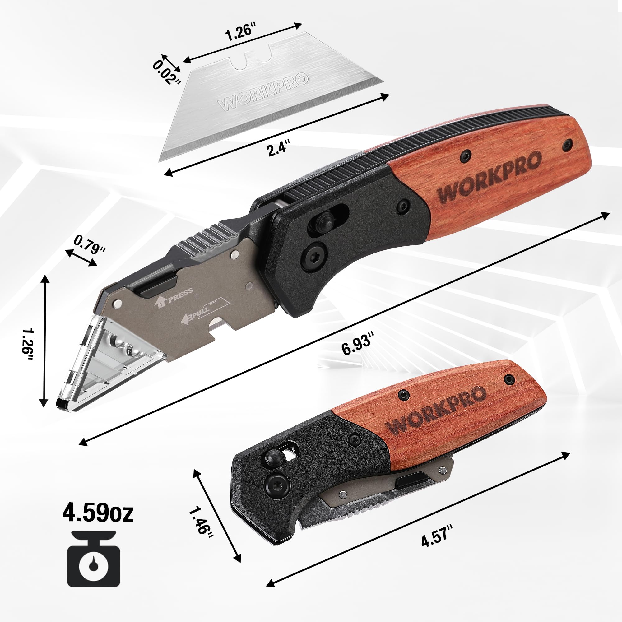 WORKPRO Folding Utility Knife, Razor Blade Knife with Axis Lock, Quick Change Blade Box Cutter, EDC Wood Handle Foldable Pocket Knife, Extra 10PC SK5 Blades Included