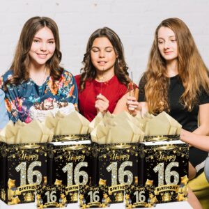 Black Gold 16th Birthday Gift Bag, Gold 16th Birthday Gift Wrap Bag with Tissue Paper and Card Gold Black 16th Birthday Gift Bags Candy Wrapping Bags for Men Women Christmas 16th Birthday Supplies