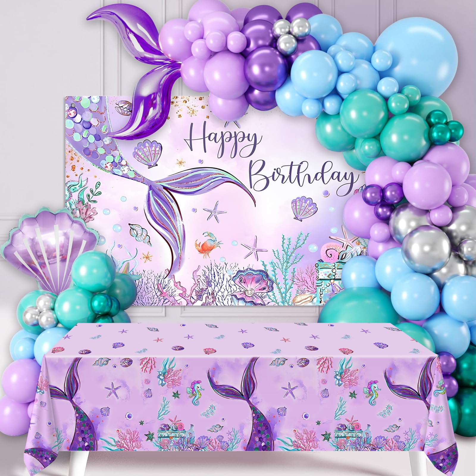 DataMoon Mermaid Birthday Party Decorations - 105pcs Mermaid Birthday Balloons Garland Arch Decorations Including Mermaid Backdrop, Mermaid Tablecloth for Birthday Party,Baby Shower, Gender Reveal.