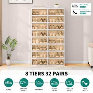 YITAHOME 8 Tiers-32 Pairs Easy Assembly Shoe Rack with Magnetic Doors, Foldable Shoe Storage Boxes for Closet, Collapsible Shoe Cabinet Sneaker Organizer for Entryway, Living Room, Closet (White)