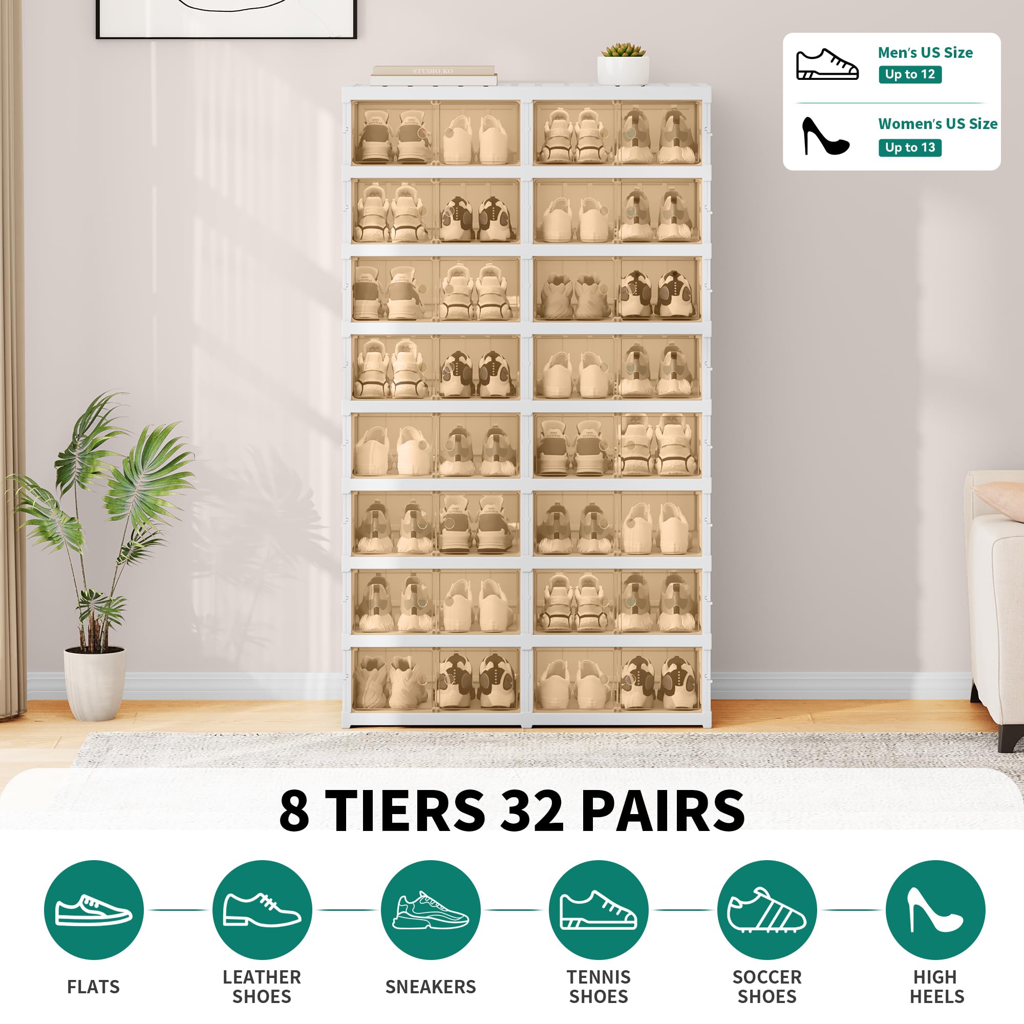 YITAHOME 8 Tiers-32 Pairs Easy Assembly Shoe Rack with Magnetic Doors, Foldable Shoe Storage Boxes for Closet, Collapsible Shoe Cabinet Sneaker Organizer for Entryway, Living Room, Closet (White)