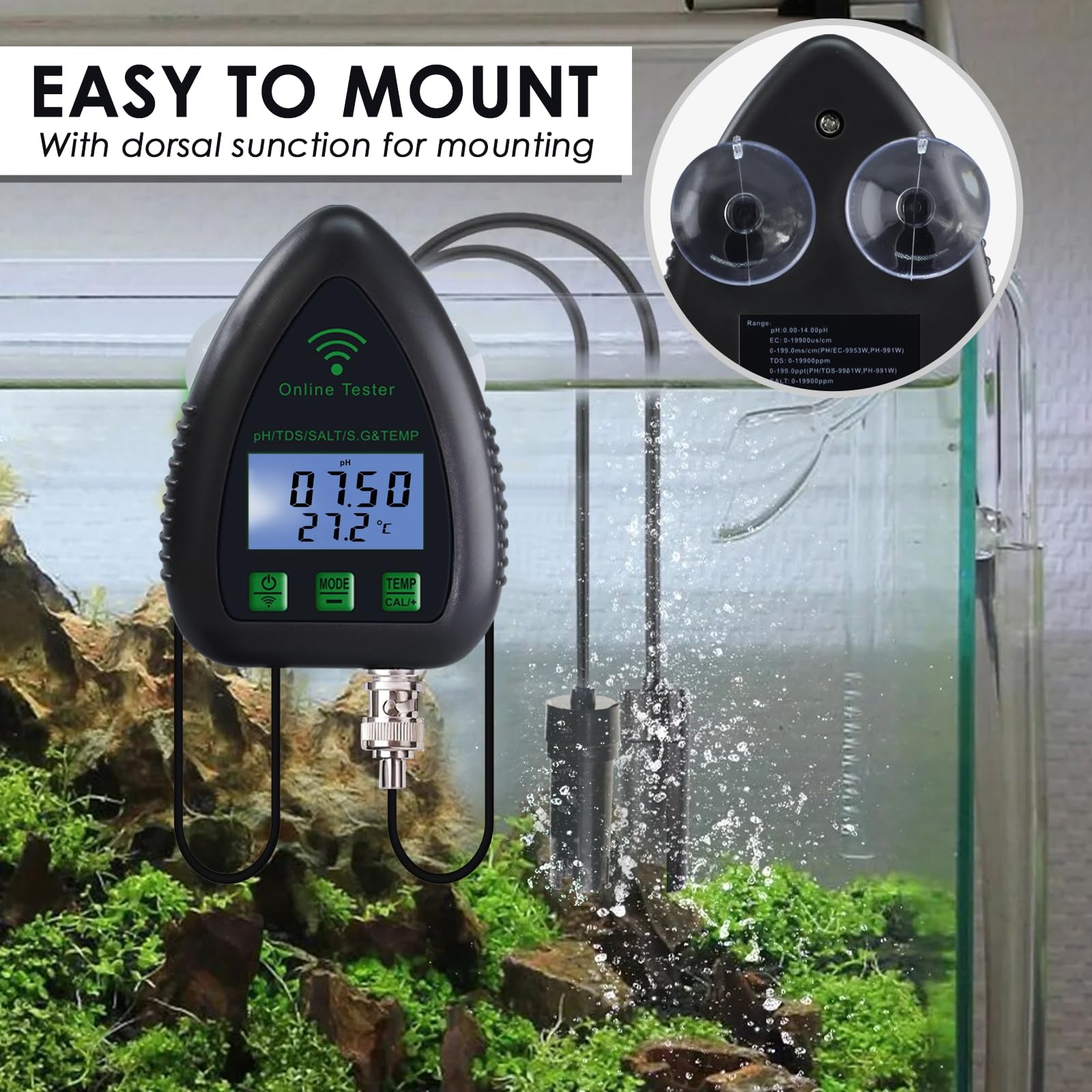 5-in-1 WiFi pH Monitor, Water Quality Tester, pH/S.G/TDS/Salt/Temperature 24/7 Online Hydroponic Monitoring WiFi Tester with Data Logging and Alarm for Aquarium Fish Pond Saltwater Pool